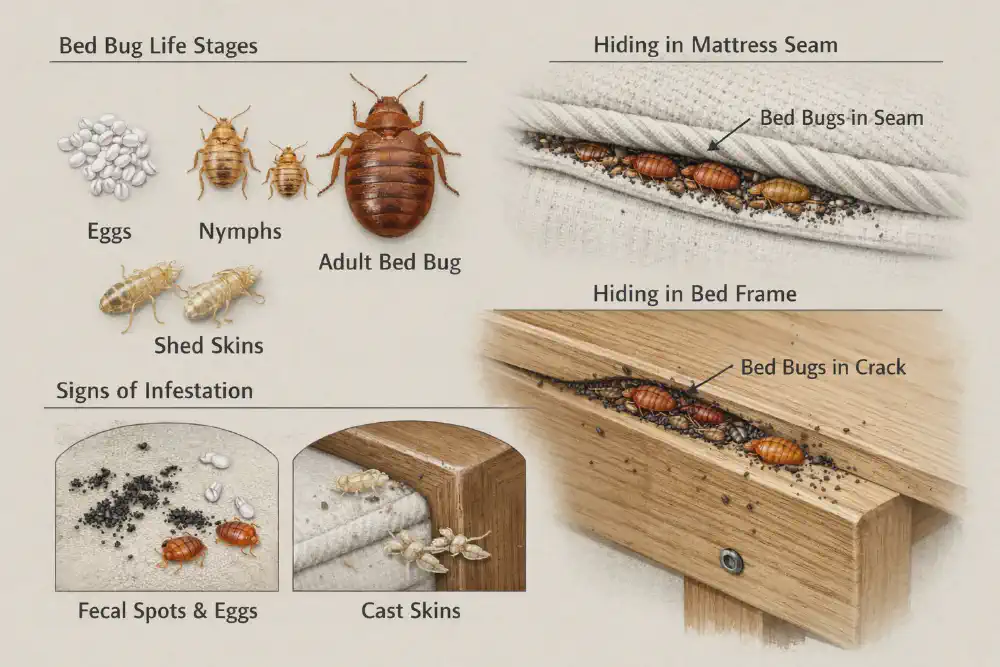 Bed bug life stages and common infestation signs in mattresses and sleeping areas
