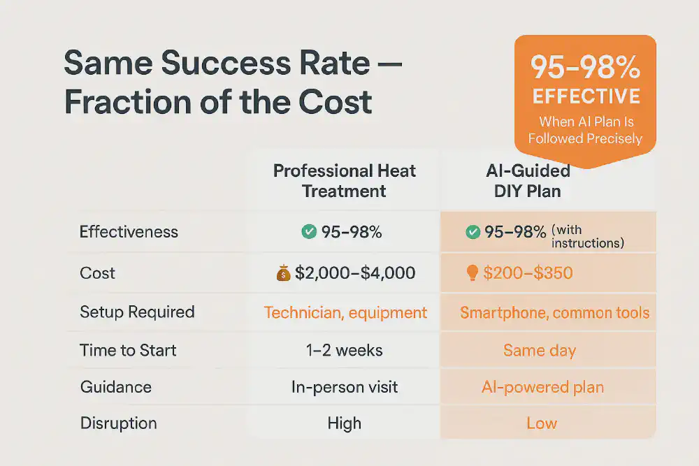 Comparison chart showing AI-guided bed bug treatment plan matching professional heat treatment in effectiveness, with lower cost and faster results.