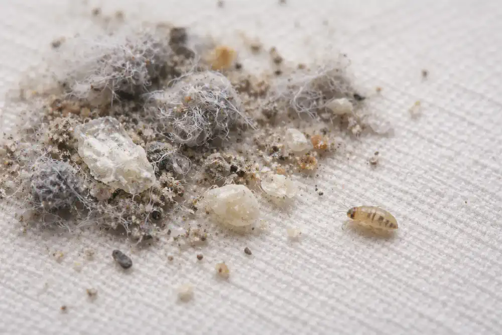 lint, dust, and skin flakes that lack the shape of a bed bug shell
