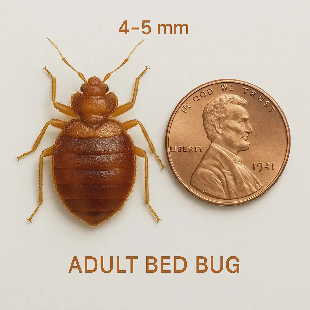 Adult bed bug next to a U.S. penny for size comparison, showing reddish-brown color, oval shape, and realistic scale on a white background.