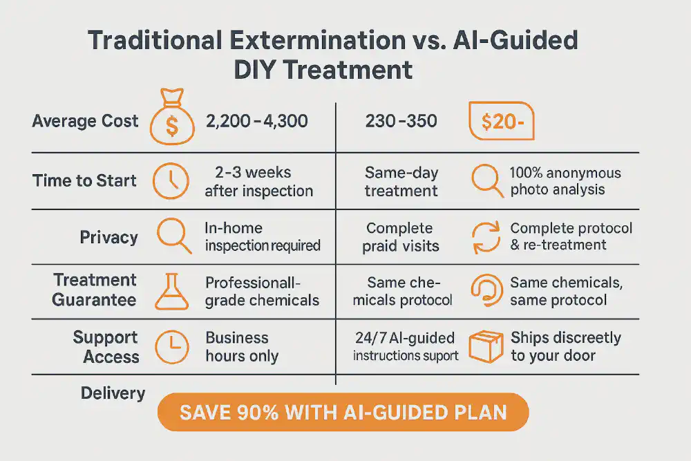 Side-by-side infographic comparing traditional extermination vs. AI-guided DIY bed bug treatment in cost, speed, privacy, and effectiveness.