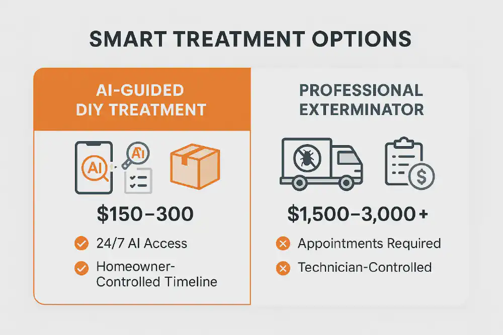 Side-by-side comparison of AI-guided DIY bed bug treatment and professional extermination — showing cost, speed, privacy, and effectiveness differences.