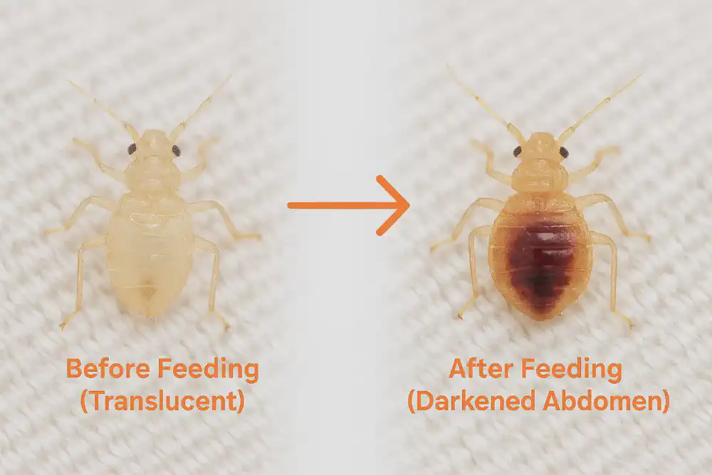 Side-by-side comparison of an unfed baby bed bug and the same nymph after feeding — showing how blood intake changes color from translucent to darker with a visible abdomen spot.