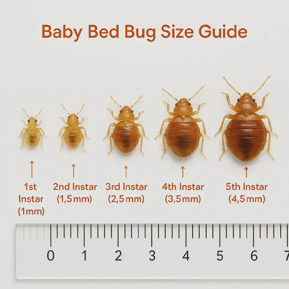 Side-by-side image of five baby bed bug nymph stages with mm scale — shows size progression from 1st to 5th instar for accurate identification.