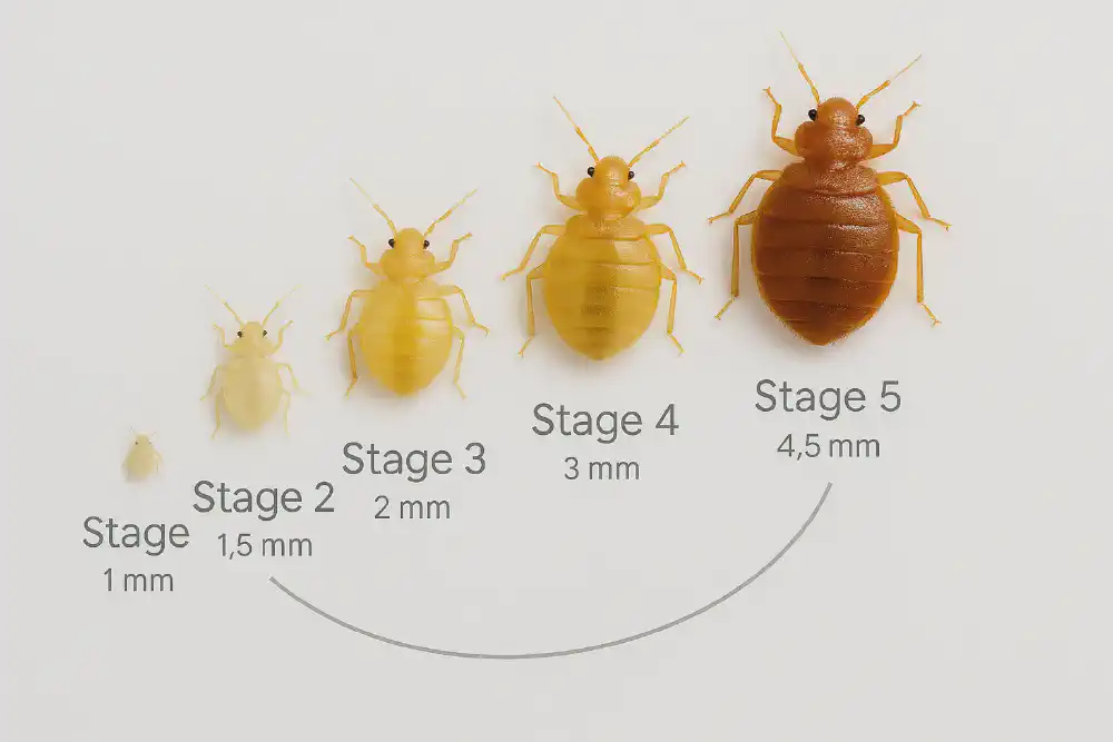 Visual guide showing baby bed bug growth from stage 1 nymph at 1mm to stage 5 nymph at 4.5mm in a gradual curved layout.