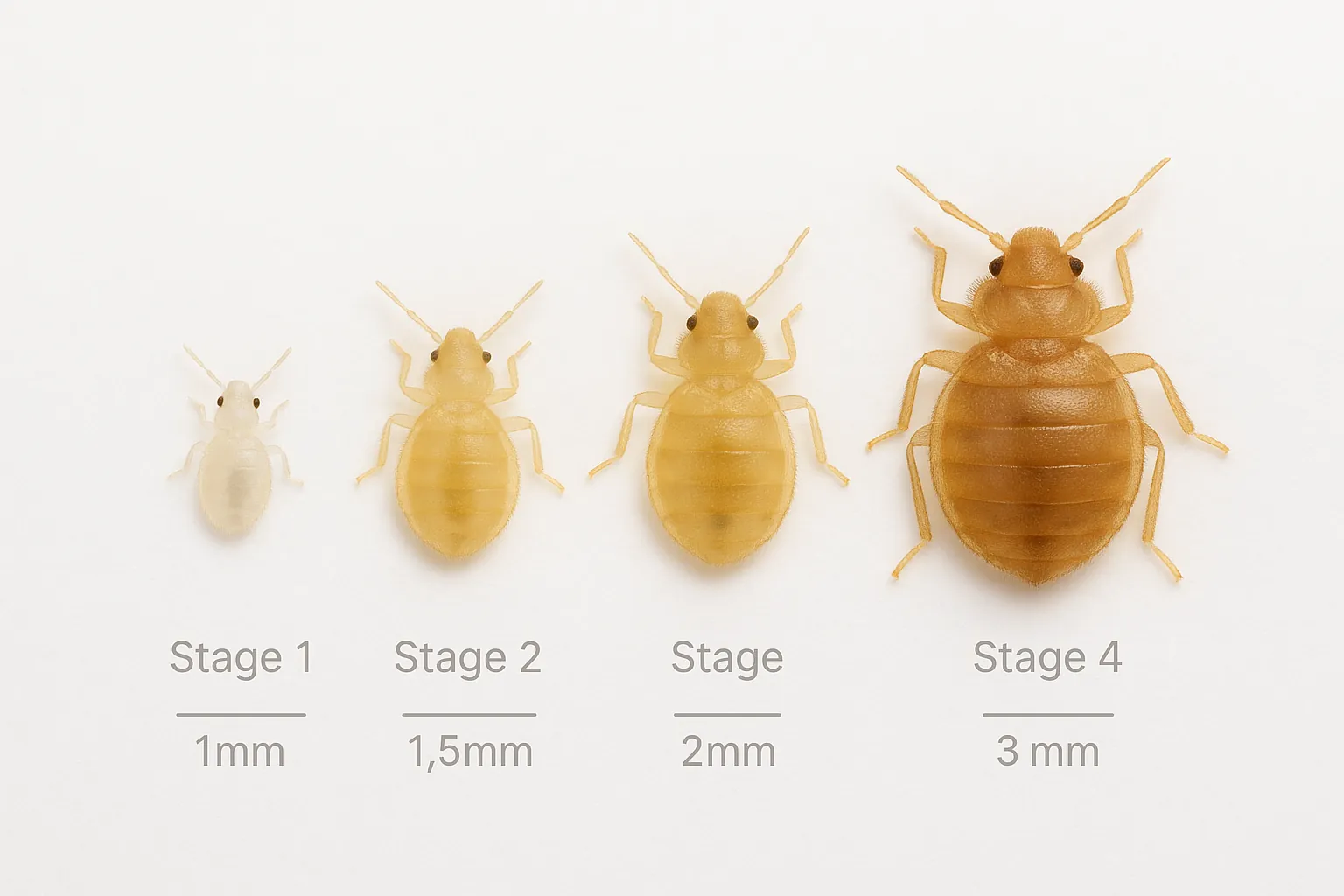 Size comparison chart showing baby bed bug nymph stages from 1mm to 4.5mm next to common objects for scale reference