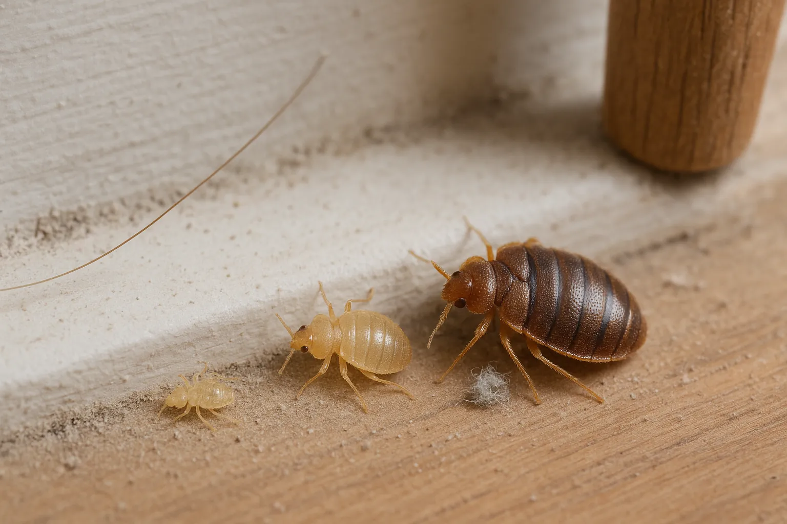 Realistic close-up showing three baby bed bugs at different life stages on a dusty baseboard — one dead, one weak, and one alive — illustrating survival variation without feeding