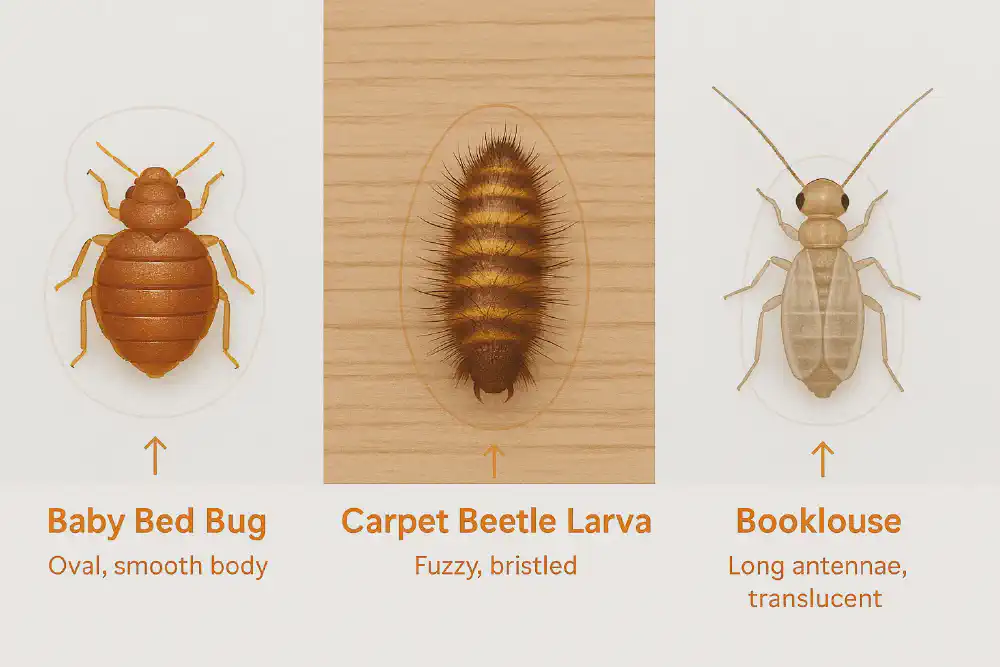 Side-by-side comparison of baby bed bug nymph, carpet beetle larva, and booklouse — highlighting color and shape differences to help identify similar-looking household bugs.