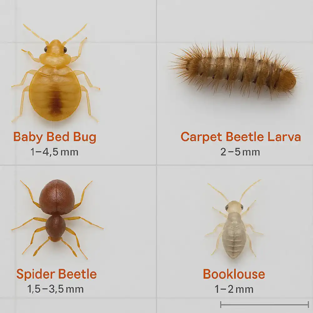 Side-by-side image comparing baby bed bug to carpet beetle larva, spider beetle, and booklouse — all shown at actual scale for accurate visual identification.