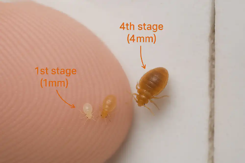 Realistic photo of baby bed bugs showing translucent and light brown color, small size, and apple seed-shaped body for accurate identification.