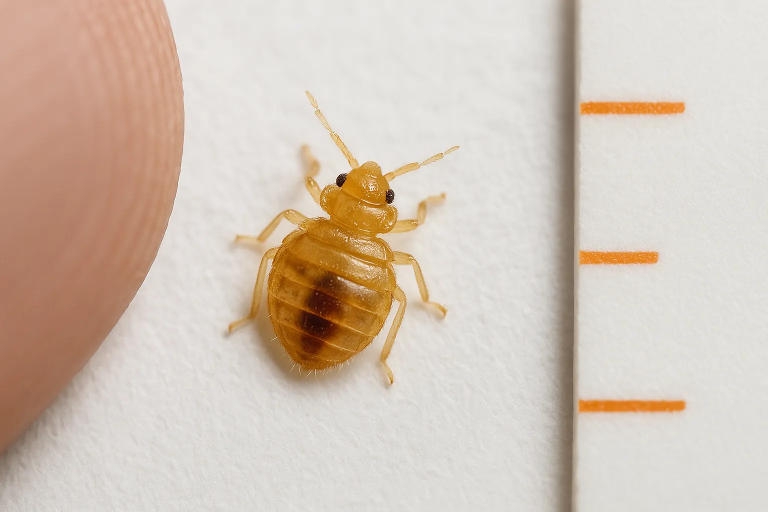 Photorealistic image of baby bed bug nymph on a clean background, used for visual identification without text overlay