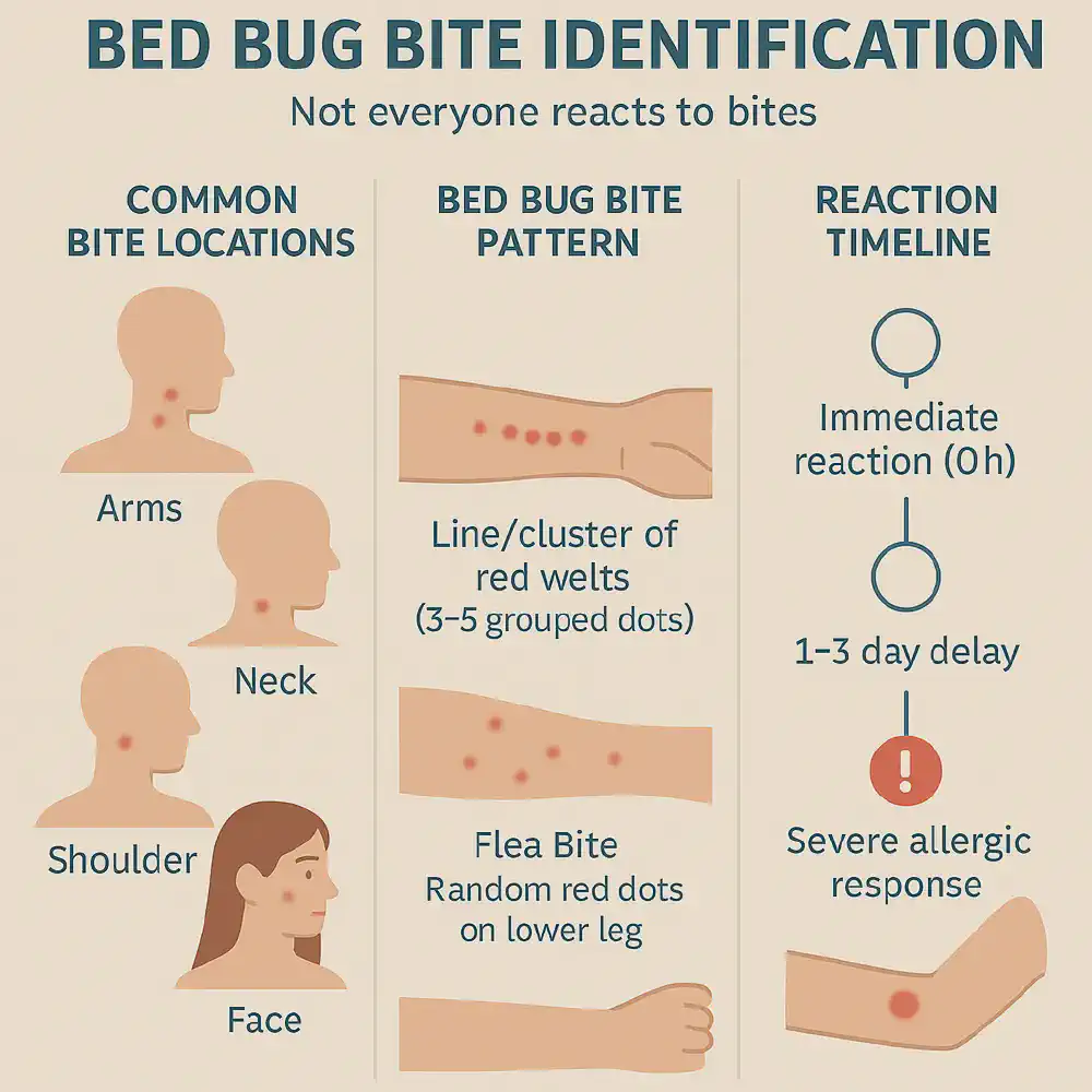 Vector-style infographic showing typical bed bug bite patterns on human skin, bite locations, comparison with flea and mosquito bites, and bite reaction timeline from immediate to delayed responses.