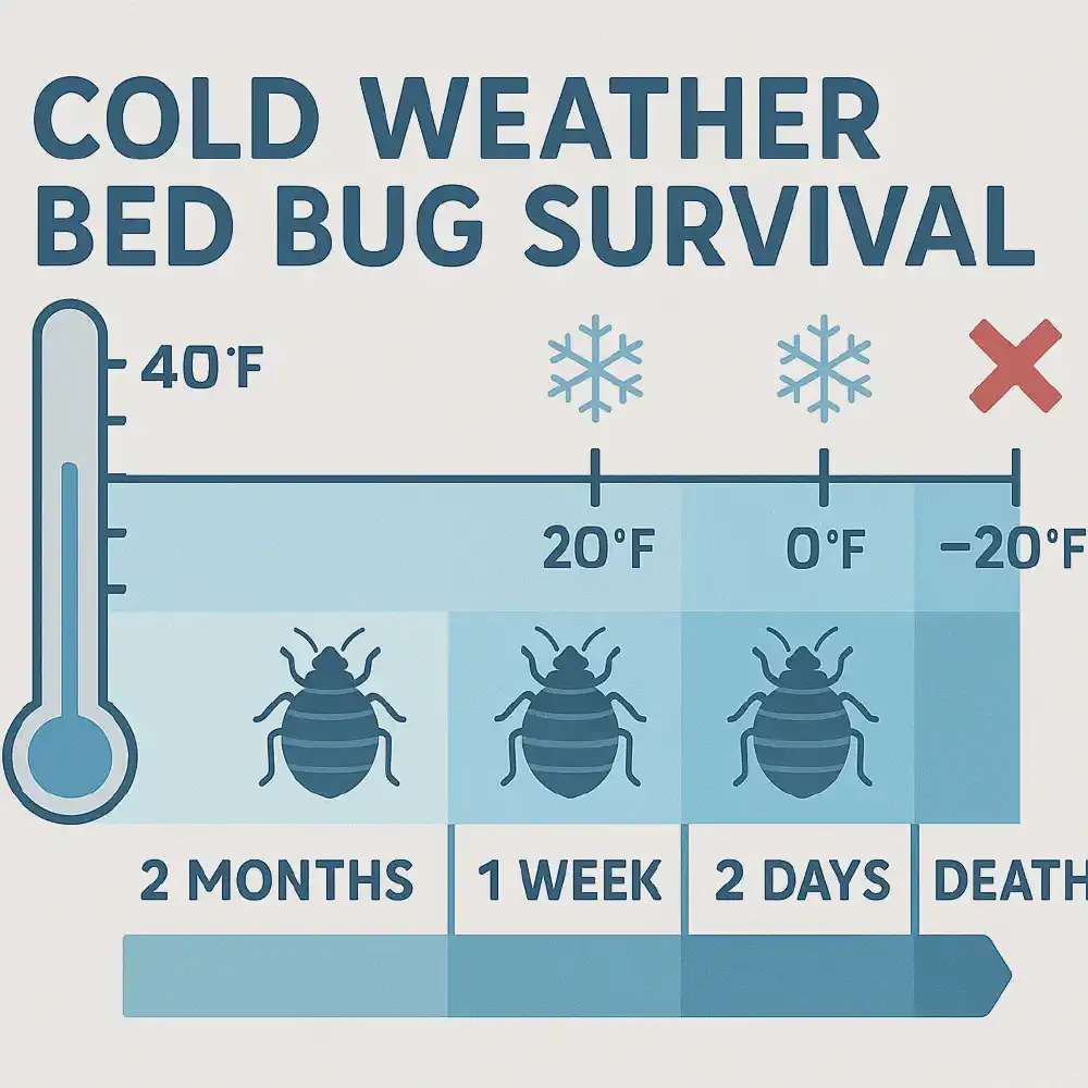Infographic showing how long bed bugs survive at cold temperatures, including mild cold (4–12 months), severe cold (2–8 weeks), and extreme cold below 0°F causing death within 7 days.