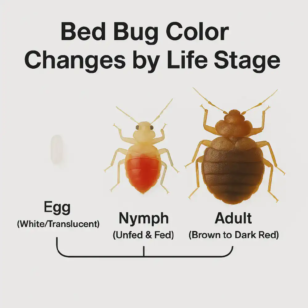 Bed bug life stages and their typical colors — from pearly white egg to translucent nymph to reddish-brown adult