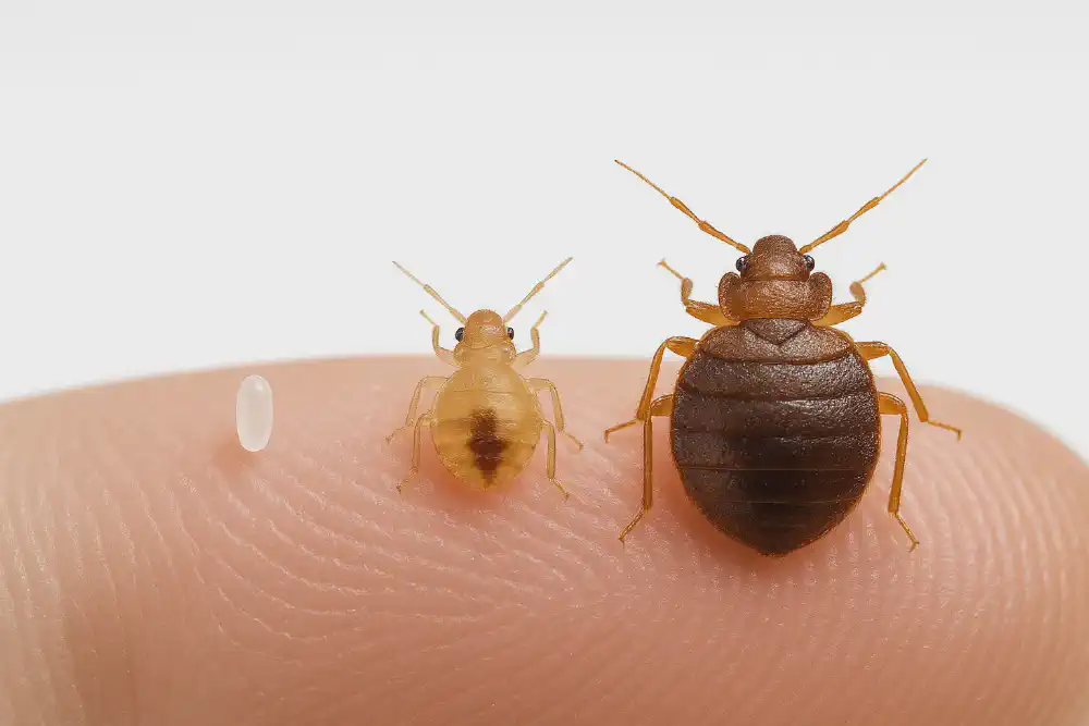 A realistic image showing the three main bed bug stages—egg, nymph, and adult—arranged side by side to highlight differences in size and color throughout development.
