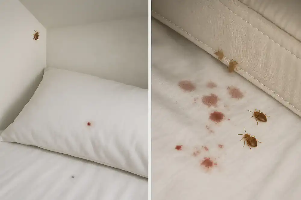 Side-by-side visual comparison of early bed bug warning signs during Week 1–2 and Week 3–4, including blood stains, shed skins, live bugs, and odor cues.