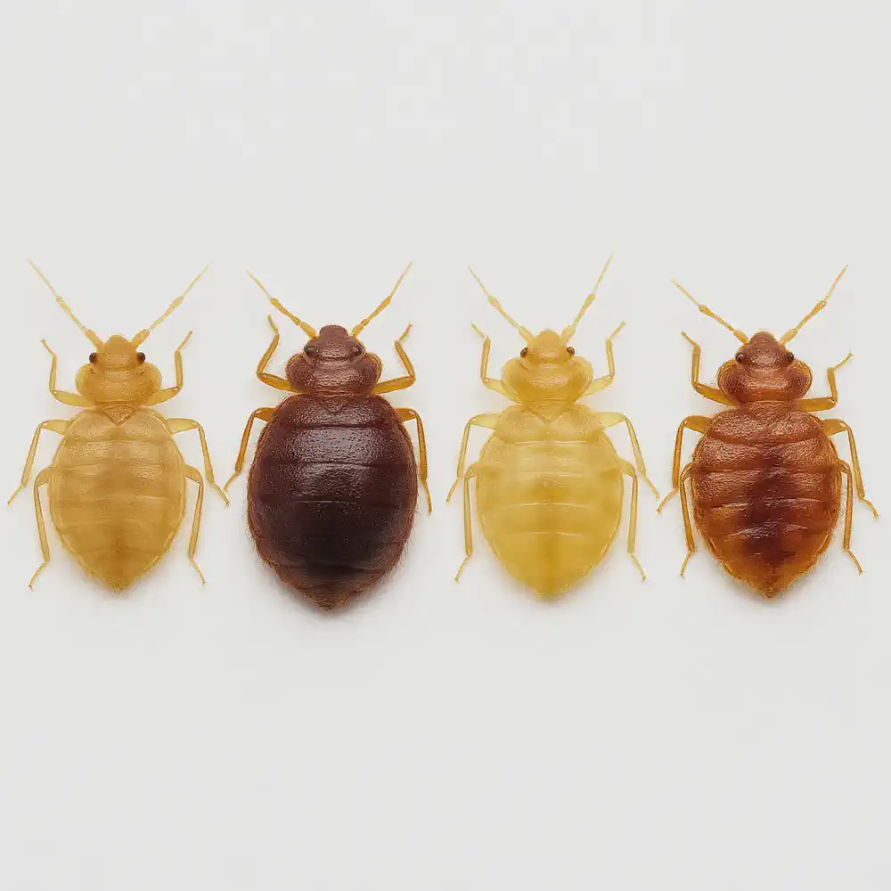 Side-by-side comparison of four bed bugs in different feeding states: unfed, recently fed, molting stage, and crushed — showing color and body shape differences on a white background.