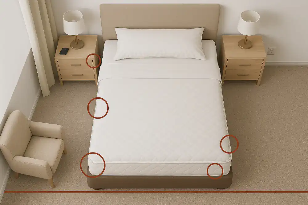 Top-down view of a bedroom showing common bed bug hiding spots like mattress seams, box springs, headboards, nightstands, and carpet edges.