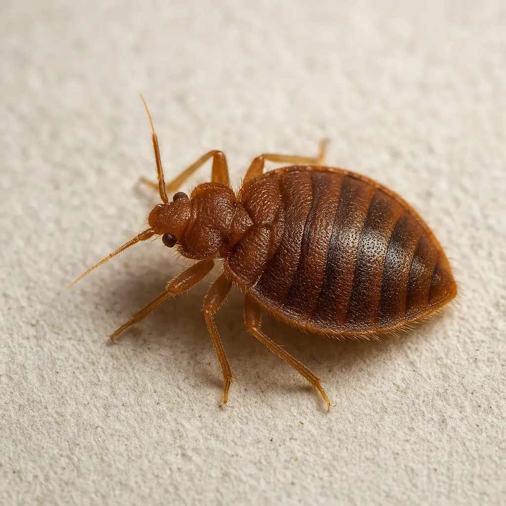 Close-up comparison photos showing bed bugs at different life stages on white bedding