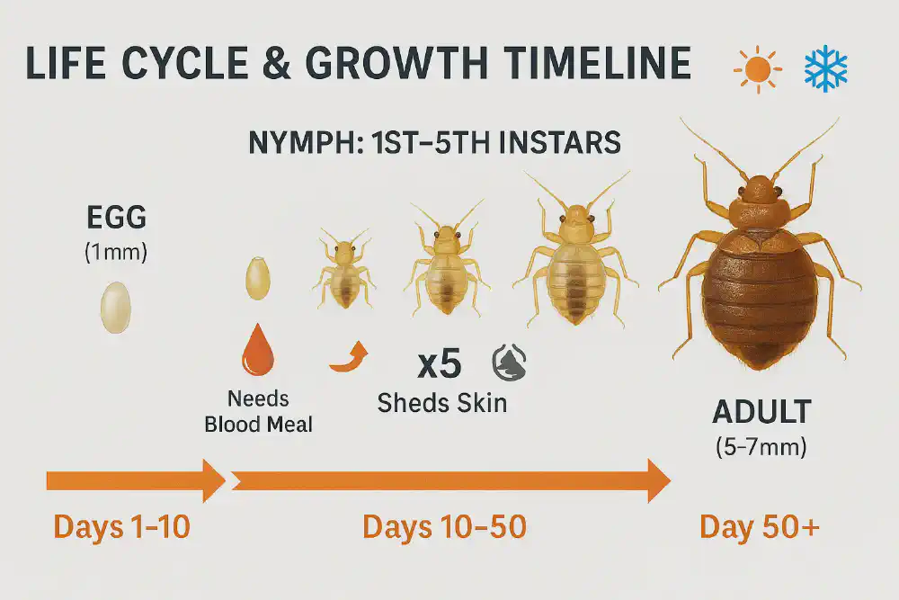 Infographic showing bed bug life cycle timeline from egg to adult — with labeled growth stages, days, and reproduction milestones.