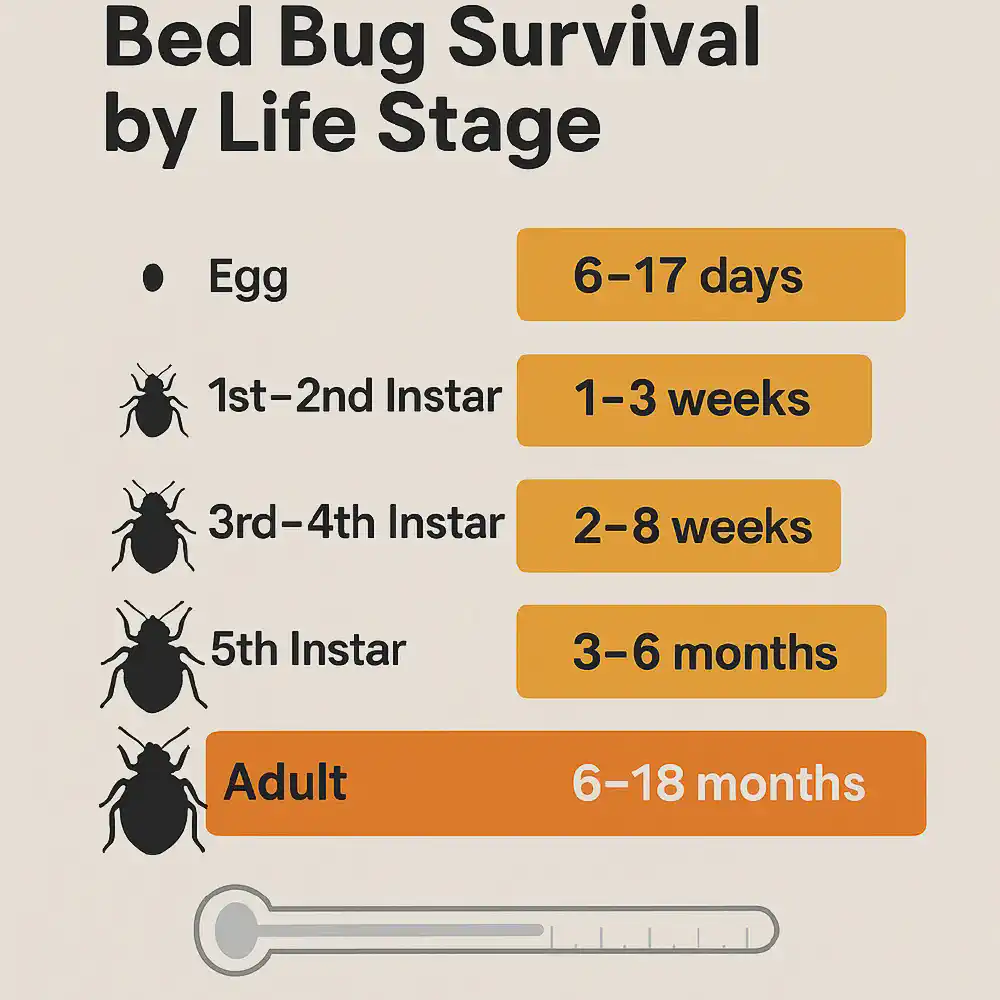 Infographic comparing bed bug survival times by life stage — from eggs and early nymphs to adults — under no-feeding conditions.