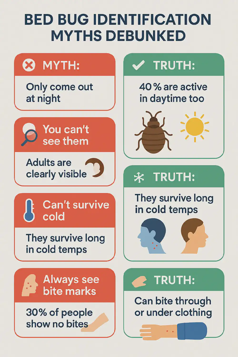 Flat-style vector infographic showing six common bed bug myths and accurate truths side-by-side, including visibility, biting behavior, cleanliness, cold survival, and activity timing.