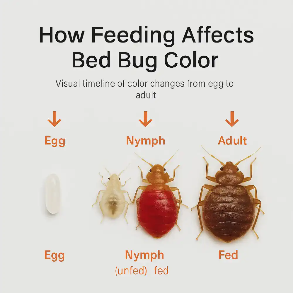 Unfed and recently fed bed bug nymphs side by side, showing dramatic color change from pale white to bright red after feeding