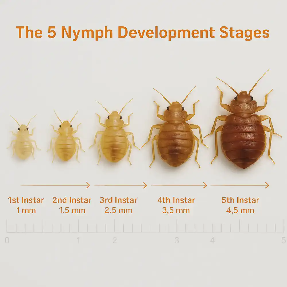 Visual timeline of five baby bed bug nymph development stages — shows size and color changes from 1st to 5th instar for accurate identification.