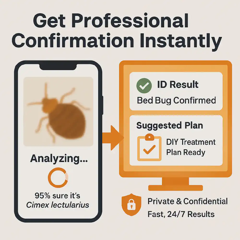 Flat vector infographic showing smartphone photo of a bed bug being analyzed by an AI system with instant results and a personalized treatment plan.