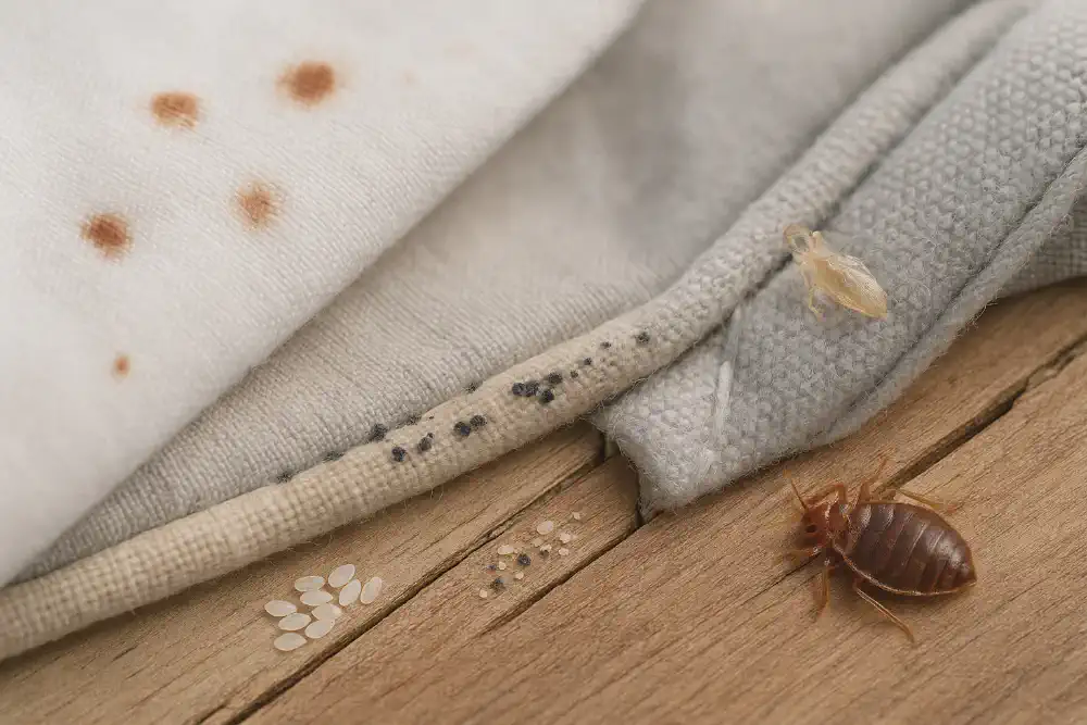 Photorealistic composition showing key bed bug evidence types including blood stains, fecal spots, shed skins, eggs, and a live bug on mattress fabric and furniture seams.