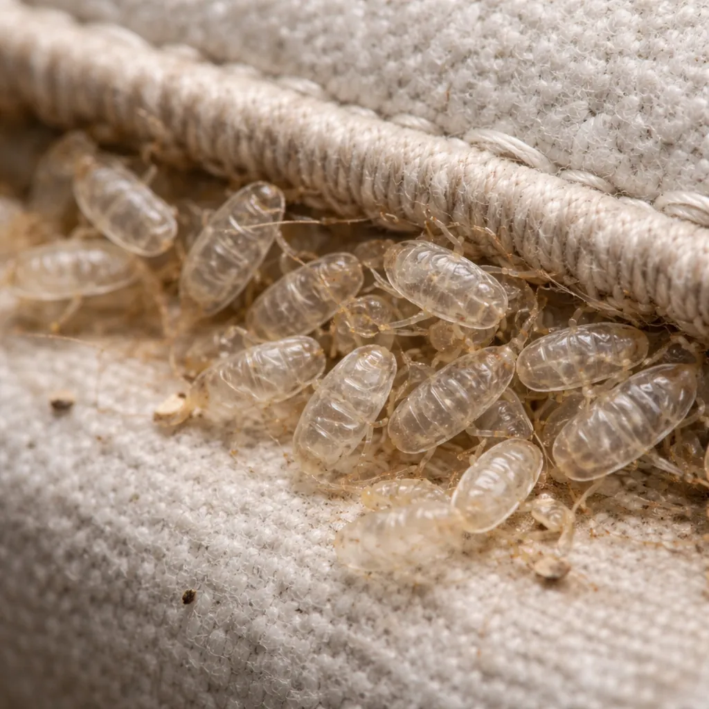Translucent bed bug shed skins clustered along a mattress seam, showing hollow molted exoskeletons with oval shape and segmented body structure