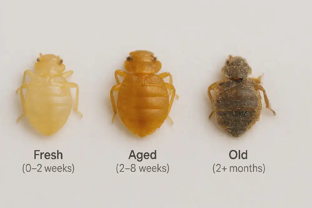 Comparison of bed bug shells at different ages: freshly molted, aged 2–8 weeks, and very old shells over 2 months old, showing realistic texture, color, and condition differences.