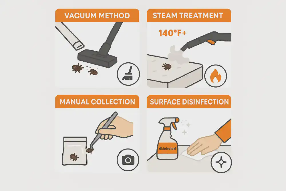 Step-by-step infographic showing safe cleaning methods for bed bug shells, including vacuuming, steam treatment, manual removal, and hard surface disinfection.