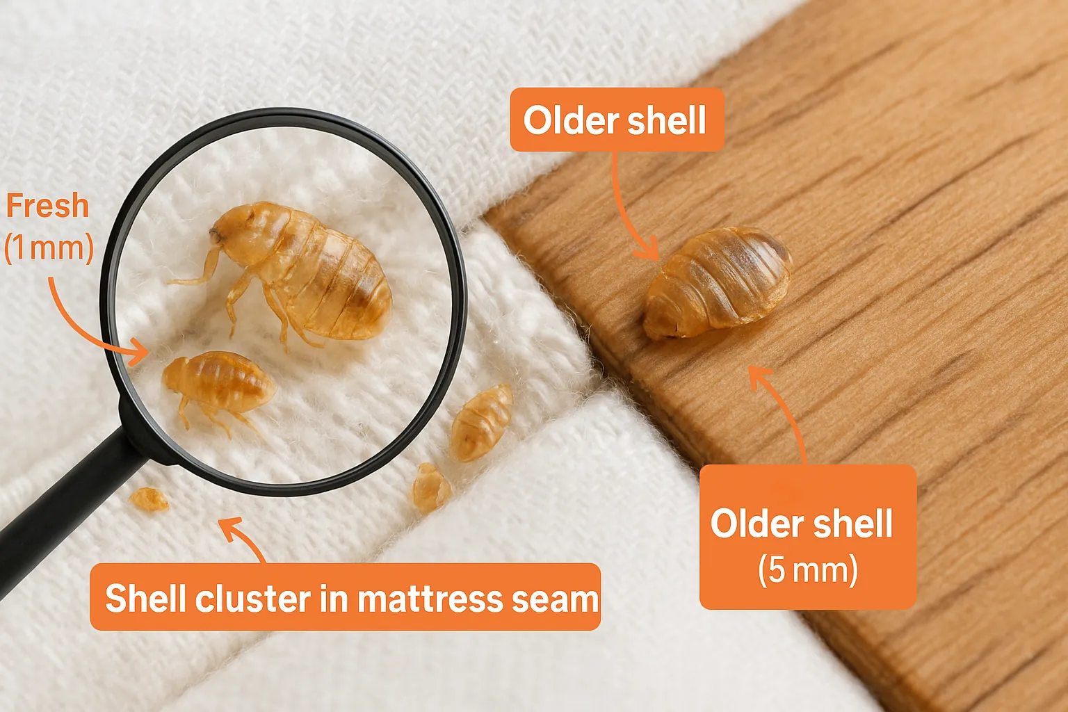 Close-up photo of bed bug shells showing translucent brown exoskeletons on white fabric