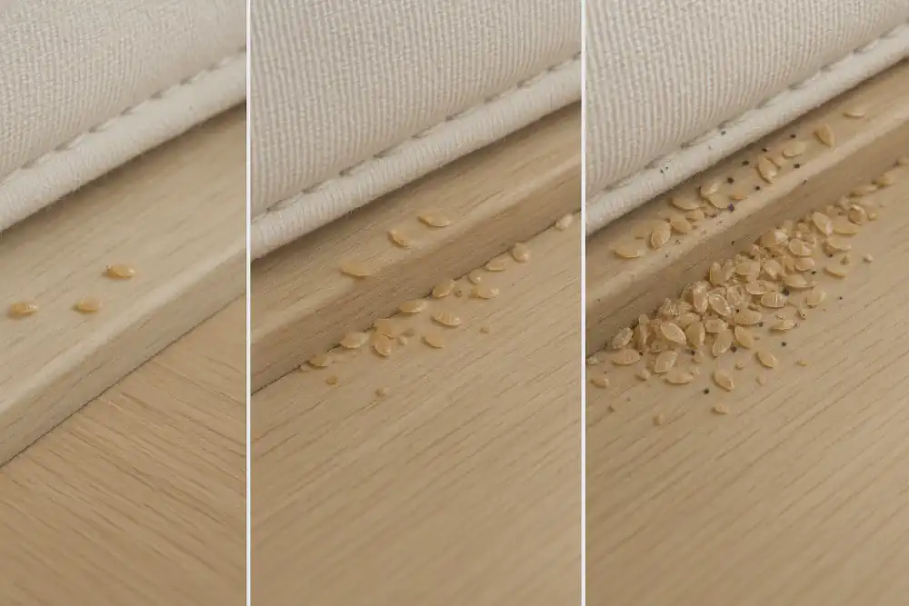 Side-by-side comparison of bed bug shell quantities showing light, moderate, and heavy infestations on bedroom surfaces.