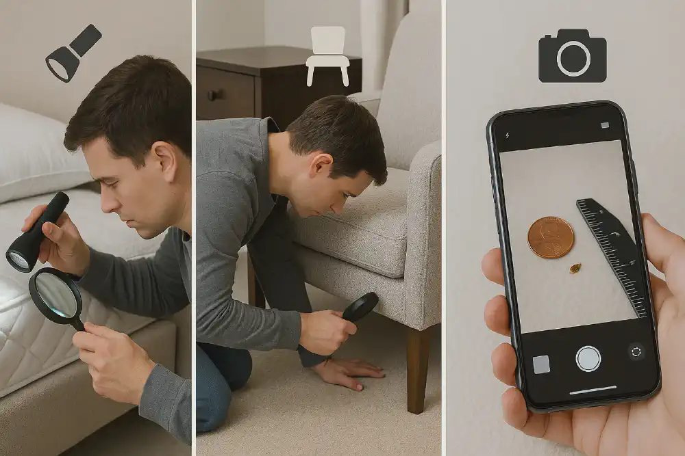 Three-step visual of bed bug shell inspection process: mattress seam check, adjacent furniture inspection, and photographing shells with size reference for expert analysis.