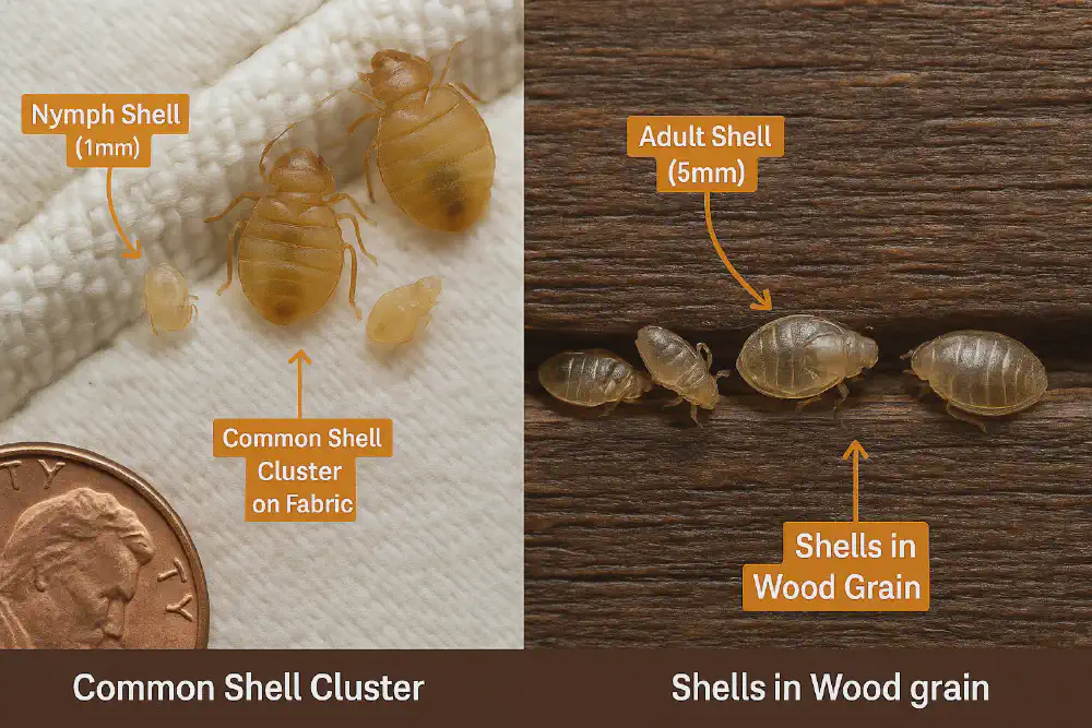 Showing bed bug shells on mattress fabric, upholstery, wooden surfaces, and wall joints — helping users identify infestation across household surfaces.