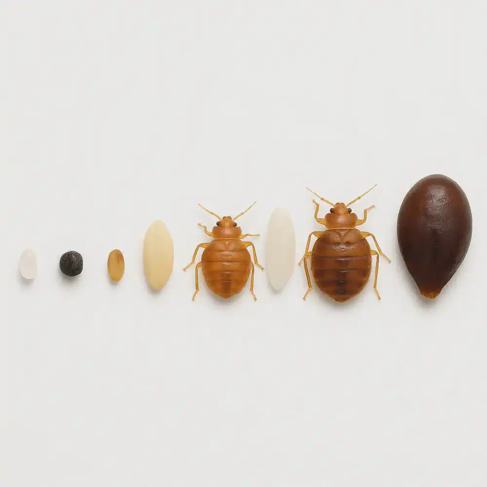 Realistic side-by-side comparison of bed bug life stages from egg to engorged adult, each placed next to familiar items like salt grain, poppy seed, sesame seed, rice grain, apple seed, and small grape for scale.
