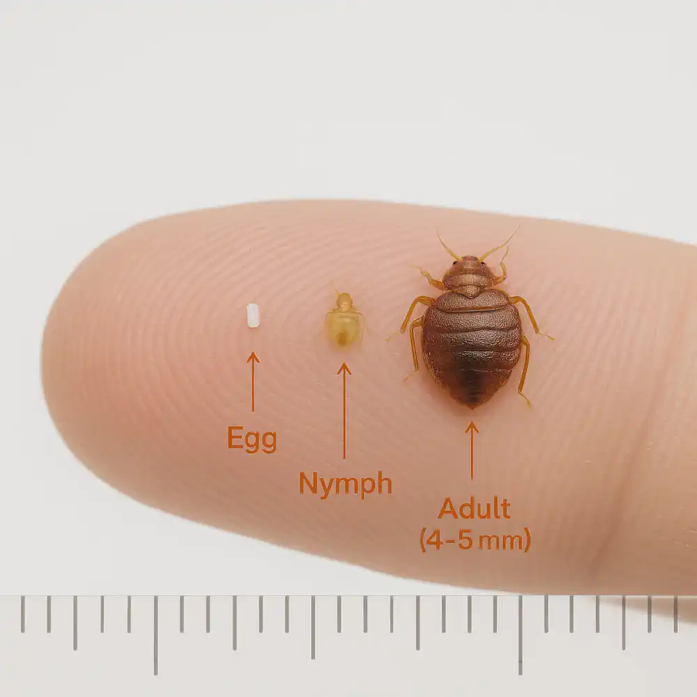 Bed bug egg, translucent nymph, and adult shown on a human fingertip for real-life size comparison