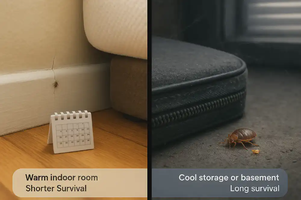 Visual comparison of bed bug survival in warm room vs. cool storage space, showing how temperature and feeding impact lifespan without a host