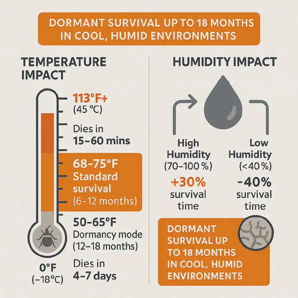 Infographic showing how temperature and humidity affect bed bug survival time — including dormancy range, lethal heat/cold thresholds, and seasonal indoor impact.