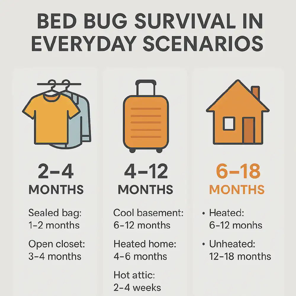 Infographic showing how long bed bugs survive in clothing, luggage, and empty homes under different storage and temperature conditions.