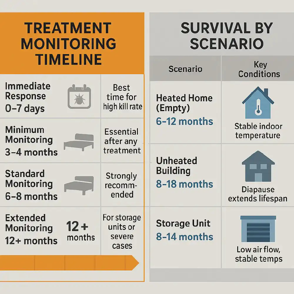 Split infographic showing bed bug treatment monitoring timeline (3–12 months) and survival duration by scenario: heated home, unheated building, and storage unit.