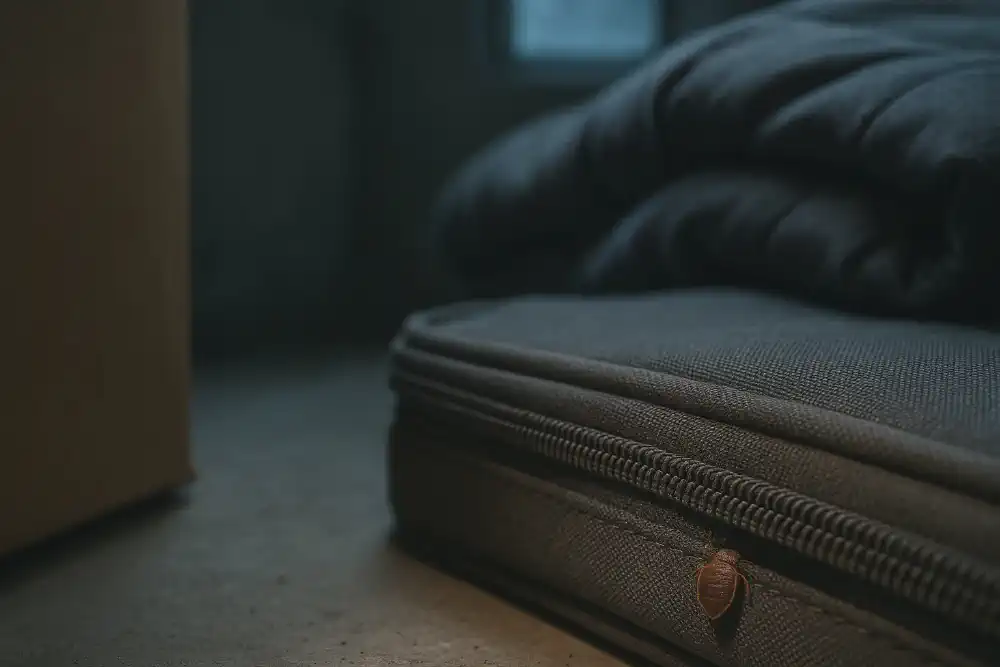 Realistic image showing bed bug emerging from stored suitcase in dusty storage room, illustrating long-term survival risk