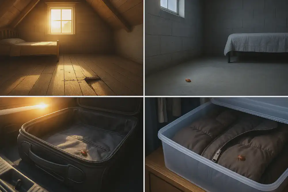 Side-by-side comparison of bed bug survival in hot and cool environments: empty home, suitcase, and clothing under temperature impact