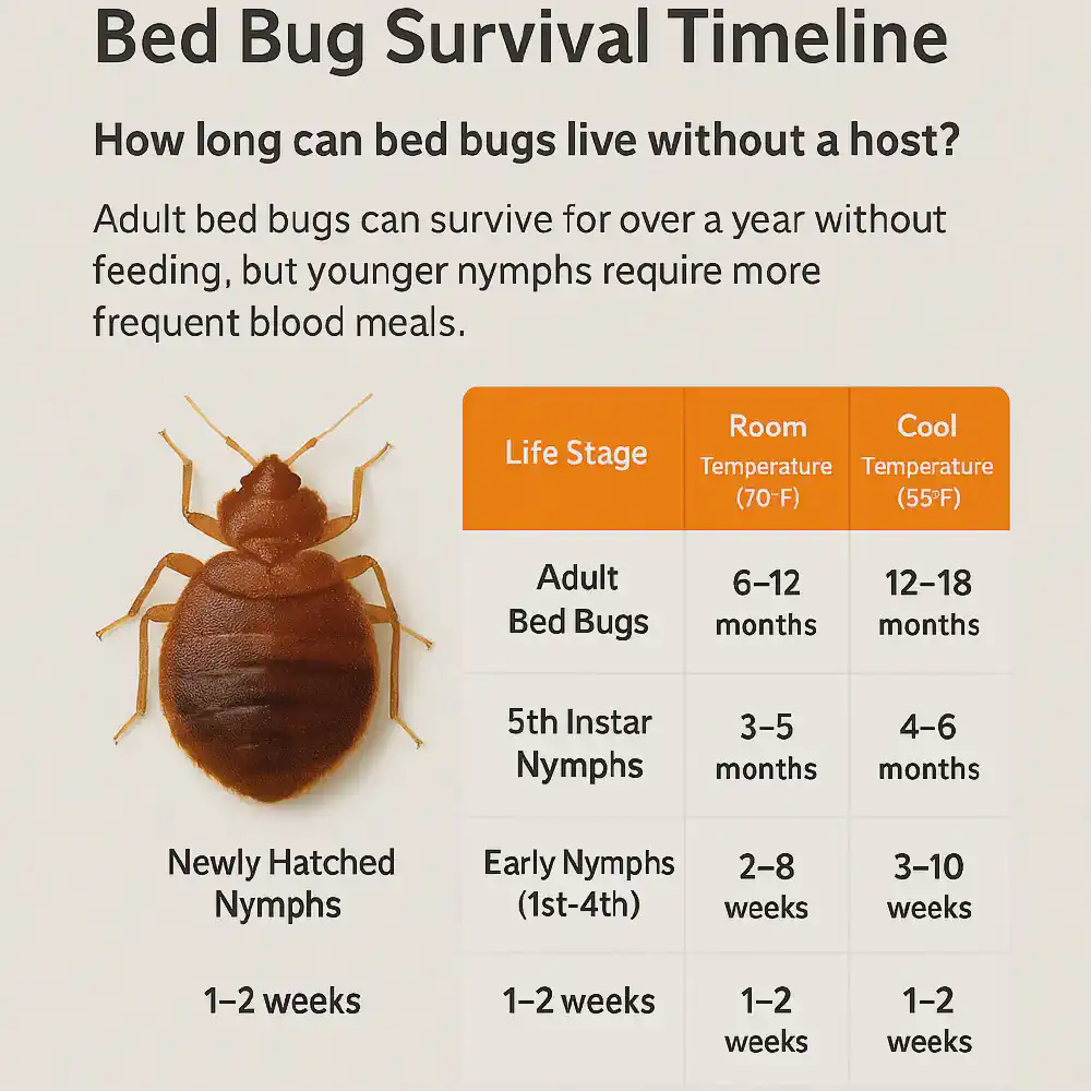 Infographic showing how long bed bugs survive without feeding by life stage — adults, 5th instar, early nymphs — at room temperature and in cooler conditions.