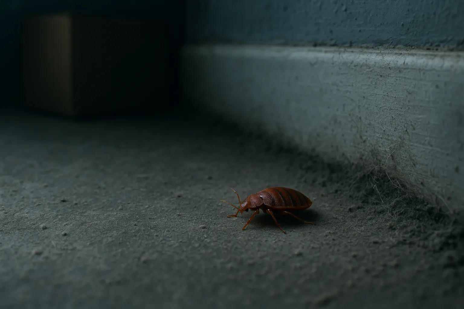 Realistic image of a bed bug alone in a dusty, unused room corner showing long-term survival without a host