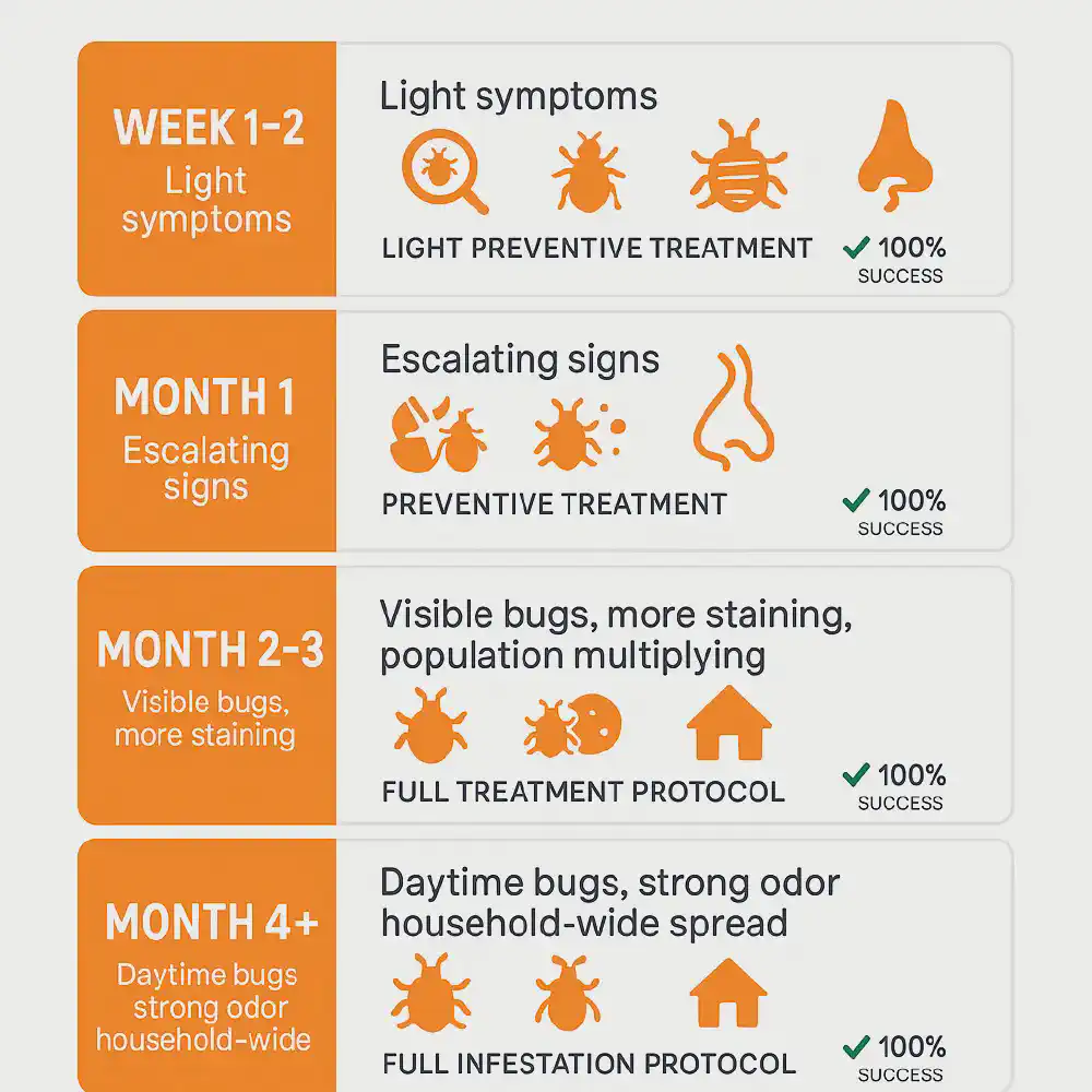 Infographic showing when to take action against bed bugs with a timeline of infestation signs, recommended treatment approaches by month, and success rates using AI-guided protocols.
