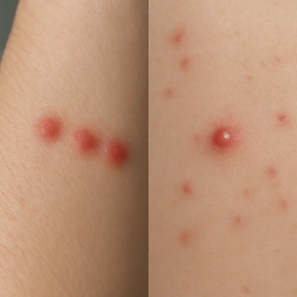 Macro photo comparing bed bug bite line patterns on arm with random scattered ant bite marks, showing clear difference in distribution.