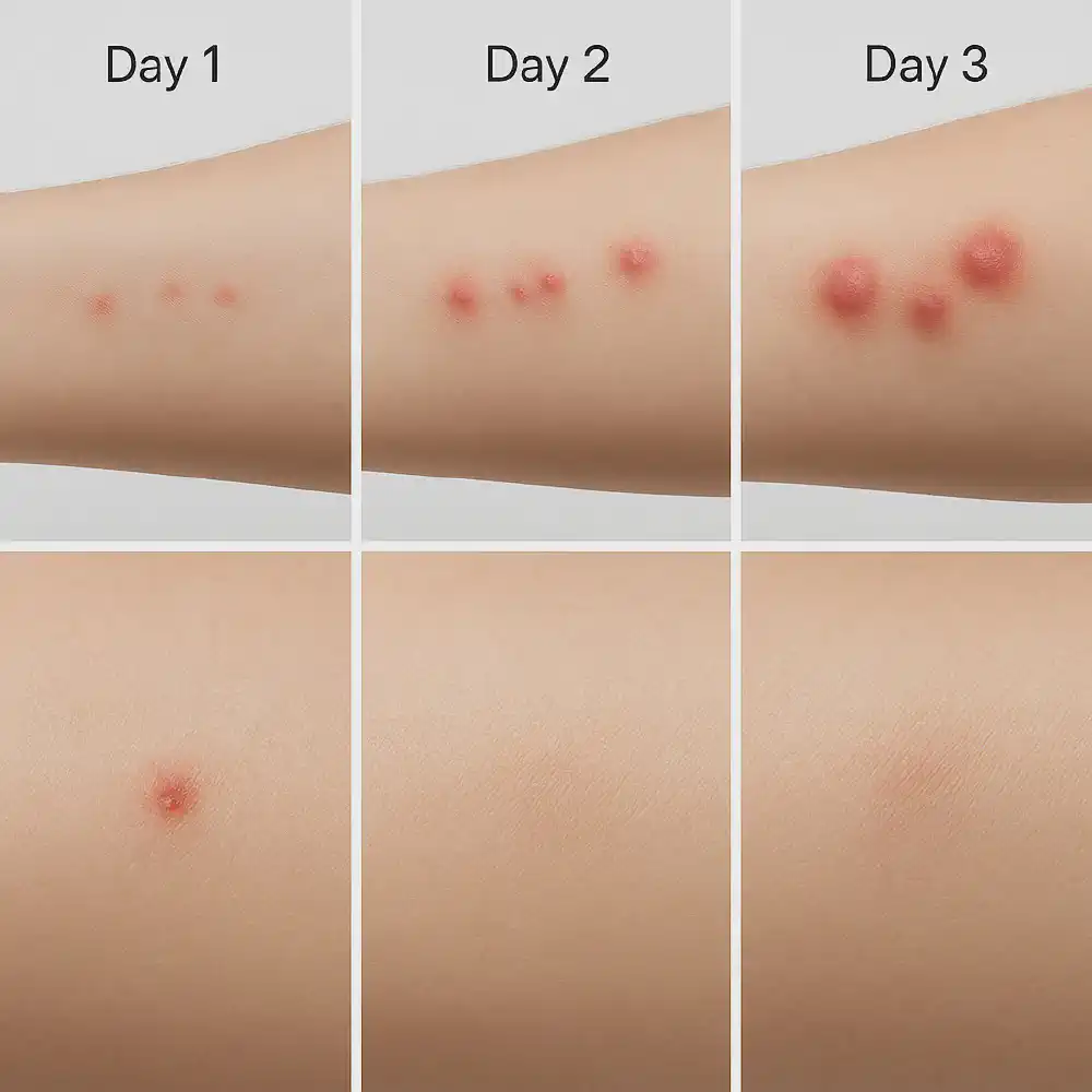 Comparison of bite development over time: bed bug bites appearing after sleep and worsening over several days vs ant bites showing immediate sting and fading quickly.